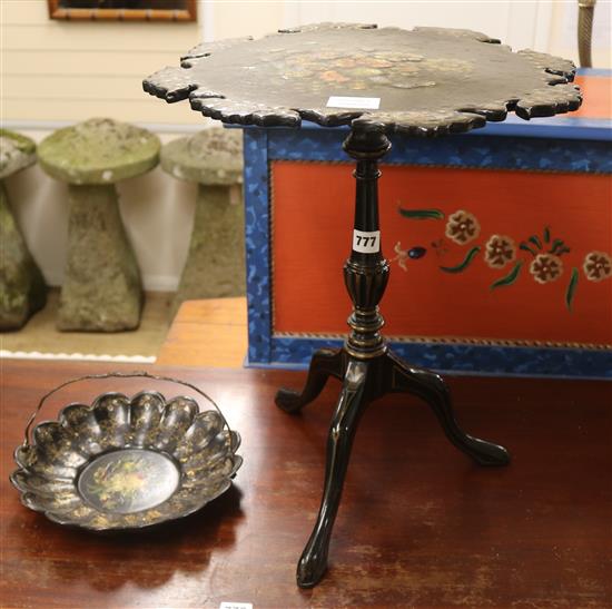 A papier mache tripod table and a basket H.48cm (table) W.26cm (basket)